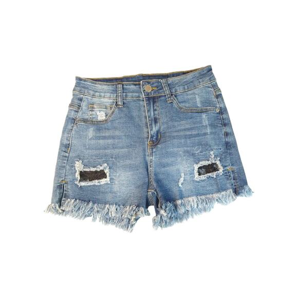 PUDR JEANS Distressed Lace Denim Bootie Shorts Blue Black Juniors Size S - Picture 5 of 13